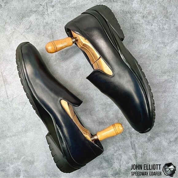 JOHN ELLIOTT SPEEDWAY LEATHER LOAFERS IN BLACK BUFFED CALFSKIN MEN’S LUXURY SHOE - Picture 4 of 16
